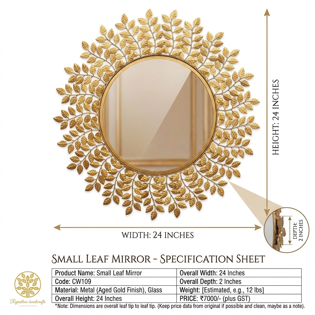 Small Leaf Wall Mirror | Gold Leaf Decorative Round Mirror - Image 3
