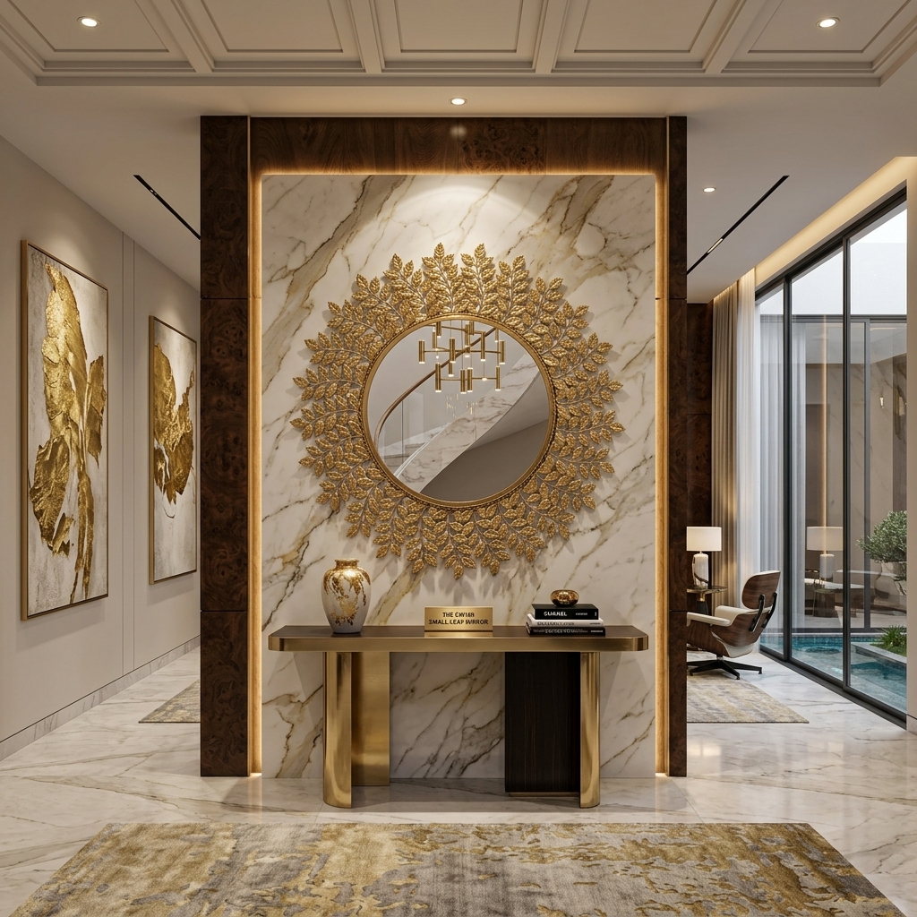Small Leaf Wall Mirror | Gold Leaf Decorative Round Mirror - Image 2