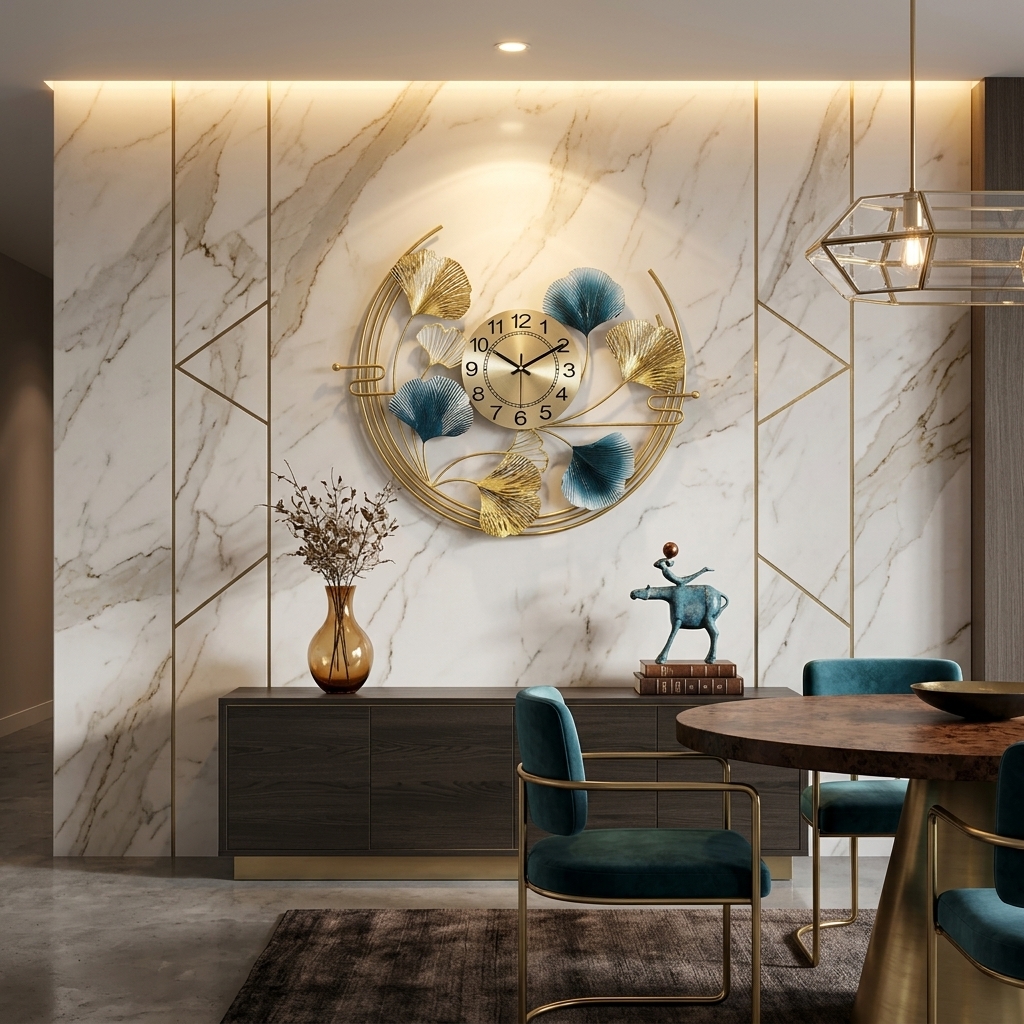 Welson Time Wall Clock | Gold & Teal Leaf Decorative Metal Clock - Image 7