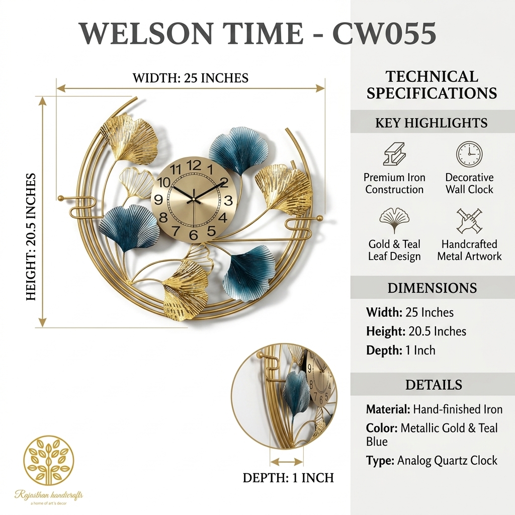 Welson Time Wall Clock | Gold & Teal Leaf Decorative Metal Clock - Image 9