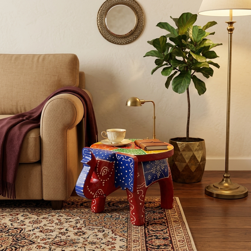 Handcrafted Wooden Elephant Stool | Rajasthani Painted Elephant Table - Image 9