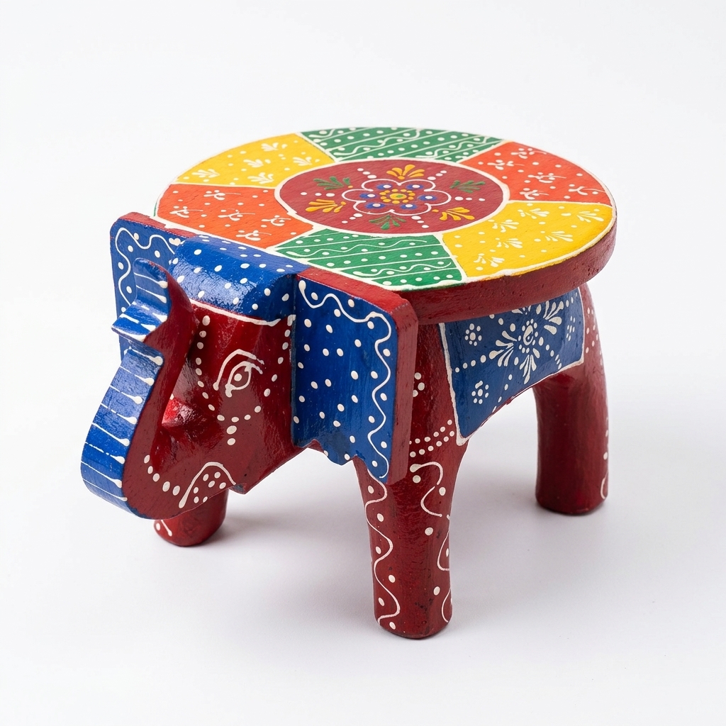 Handcrafted Wooden Elephant Stool | Rajasthani Painted Elephant Table - Image 10